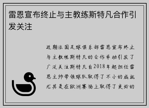 雷恩宣布终止与主教练斯特凡合作引发关注