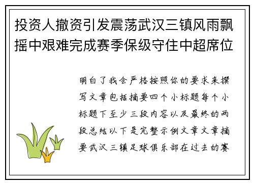 投资人撤资引发震荡武汉三镇风雨飘摇中艰难完成赛季保级守住中超席位