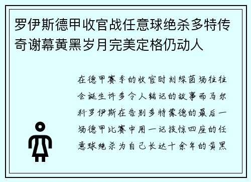 罗伊斯德甲收官战任意球绝杀多特传奇谢幕黄黑岁月完美定格仍动人